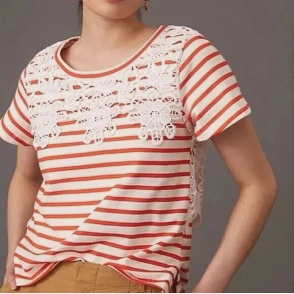 Anthropologie MAEVE Striped Embroidered Crochet Overlay Short Sleeve Top Small